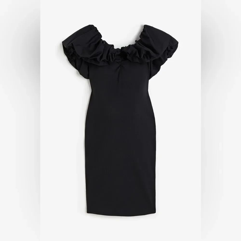 H&M Black Off Shoulder Ruffle Knit Sheath Maternity Dress XL Short Sleeve